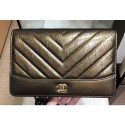 Best Chanel Glittered Aged Calfskin Gabrielle Wallet On Chain WOC Bag Chevron Gold 2019 AQ00846