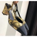 Best Chanel Heel 6.5cm Slingbacks G31318 Laminated Gold/Grosgrain Black 2019 AQ02066