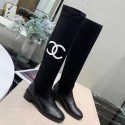 Chanel Calfskin and Knit Fabric CC Flat Fold High Boots Black/White 2019 Collection AQ00508