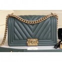 Chanel Caviar Leather Chevron Boy Flap Medium Bag Gray Green/Gold AQ03300