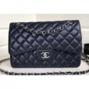 Chanel Classic Flap Jumbo/Large Bag A1113 Navy Blue in Sheepskin Leather with Silver Hardware AQ03722