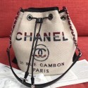 Chanel Fabric Logo Print Small Drawstring Bucket Bag Beige White 2019 Collection AQ04023