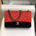 Chanel Quilted Patent Calfskin Medium Classic Flap Bag A01112 Red/Black/Gold 2019 Collection AQ01598