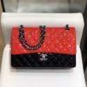 Chanel Quilted Patent Calfskin Medium Classic Flap Bag A01112 Red/Black/Silver 2019 Collection AQ02867