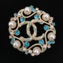 Chanel Round Brooch AB0585 Gold/Pearly White/Blue/Crystal 2019 Collection AQ03060