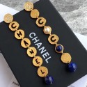 Chanel Round Metal Cutout Lettering Long Earrings AB1601 Gold/Blue 2019 Collection AQ03277