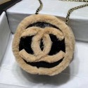 Chanel Shiny Vintage Crumpled Sheepskin Round Clutch with Chain Black/Beige 2019 Collection AQ03954