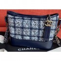 Chanel Tweed/Calfskin Gabrielle Small Hobo Bag A91810 Grid Navy Blue AQ01560