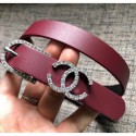 Chanel Width 2cm Leather Belt with Crystal Buckle Burgundy 05 2020 Collection AQ03387