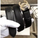 Chanel Width 3cm Crystal CC Logo Buckle Leather Belt Grained Black/Gold AQ03072