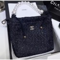 Cheap Replica Chanel Tweed with Imitation Pearls Hobo Shopping Tote Bag Navy Blue 2019 AQ01095