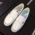 Copy 1:1 Chanel Patent Calfskin Rainbow Lining Chain Flat Loafers G35631 White 2020 Collection AQ01506