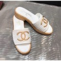 Copy Chanel CC Metal Logo Tweed Flat Slide Sandals White 2020 Collection AQ01246