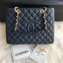 Copy Chanel Grained Calfskin Grand Shopping Tote GST Bag Navy Blue/Gold Collection AQ02152