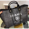 Fake Chanel Deauville Canvas Tote Medium Shopping Bag Dark Gray/Black AQ02149