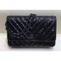 Fake Chanel Patent Metallic Crumpled Calfskin Wallet On Chain WOC Bag Chevron Black 2018 AQ02289