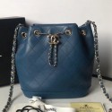 Fake Chanel Quilted Leather Chain Drawstring Small Bucket Bag Blue 2019 Collection AQ02495