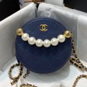 Fake Chanel Quilted Leather Pearl Round Clutch with Chain Blue 2019 Collection AQ03173