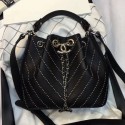 Fake Chanel Studded Chevron Calfskin Bucket Bag Black 2019 Collection AQ02381