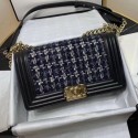 Fake Chanel Tweed Medium Boy Flap Bag Black/White/Blue 2019 Collection AQ00641