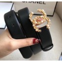 Fake Chanel Width 3cm Smooth Leather Belt with Pearl & Metal Buckle Black 2020 Collection AQ00653