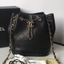 Hot Knockoff Chanel Quilted Leather Chain Drawstring Small Bucket Bag Black 2019 Collection AQ03678