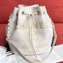 Imitation AAAAA Chanel Fabric Logo Print Small Drawstring Bucket Bag White/Gold 2019 Collection AQ03103