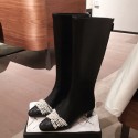 Imitation Chanel Leather Pearl Chain High Boots Black 2019 Collection AQ01569