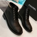 Knockoff Chanel Calfskin Metal Logo Flat Short Boot Black 2019 Collection AQ02584