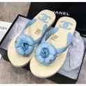 Replica AAAAA Chanel Rubber Camellia Thong Slides Sandals Light Blue 2020 Collection AQ04305