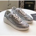 Replica Chanel CC Logo Sequins & Leather Sneakers G35936 Silver 2020 Collection AQ01928