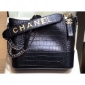 Replica Chanel Crocodile Embossed Calfskin Gabrielle Medium Hobo Bag AS0866 Black 2019 AQ00738