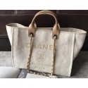 Replica Chanel Golden Silk Thread Deauville Canvas Shopping Bag Beige 2018 AQ02214