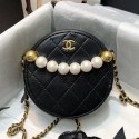 Replica Chanel Quilted Leather Pearl Round Clutch with Chain Black 2019 Collection AQ03179