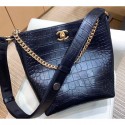 Replica Cheap Chanel Crocodile Embossed Calfskin Button Up Hobo Bag Black 2019 AQ01499