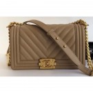 Best Chanel Caviar Leather Chevron Boy Flap Medium Bag Tan/Gold AQ01110