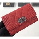 Best Chanel Grained Calfskin Boy Flap Card Holder A80603 Red/Silver AQ03319