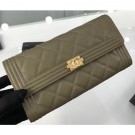 Chanel Grained Calfskin Boy Long Flap Wallet A80286 Olive Green/Gold AQ02977