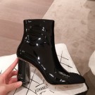 Chanel Patent Leather Logo Heel Zipped Short Boots Black 2020 Collection AQ03531