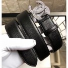 Chanel Width 3cm Crystal CC Logo Buckle Leather Belt Grained Black/Silver AQ02919