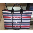 Copy Best Chanel Canvas Deauville Shopping Bag A66941 Stripe Black/Blue/Red 2018 AQ02411