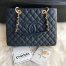 Copy Chanel Grained Calfskin Grand Shopping Tote GST Bag Navy Blue/Gold Collection AQ02152