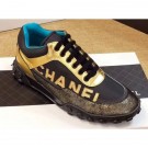 Copy Chanel Logo Metallic Lambskin and Fabric Sneakers G34086 Gold/Black/Bronze 2019 AQ01259