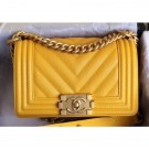 Designer Copy Chanel Caviar Leather Chevron Boy Flap Small Bag Yellow/Gold AQ01017