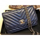 Fashion Replica Chanel Lambskin Chevron Trendy CC Wallet On Chain WOC Bag A84456 Dark Blue 2018 AQ02873