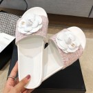 Fashion Replica Chanel Tweed Camellia Flat Slide Sandal Pink 2020 Collection AQ03201