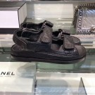 Imitation 1:1 Chanel CC Strap Flat Sandals G3445 Black 2020 Collection AQ04385