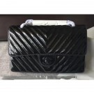 Imitation 1:1 Chanel Patent Metallic Crumpled Calfskin Chevron Classic Flap Medium Bag Black 2018 AQ03994