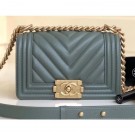 Imitation Luxury Chanel Caviar Leather Chevron Boy Flap Small Bag Gray Green/Gold AQ03227