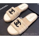 Replica Chanel CC Logo Tweed Mules Slipper Sandals Espadrilles G34067 Beige 2019 AQ01624